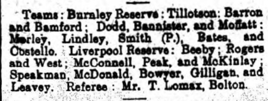 Line ups for Burnley Reserves vs Liverpool Reserves, October 28 - 1910, from Burnley Gazette.