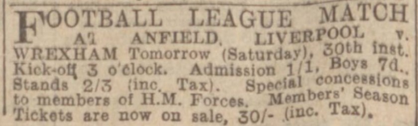 1941 Match ad vs Wrexham Anfield