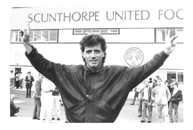 Kevin Keegan outside Scunthorpe United Football ground.