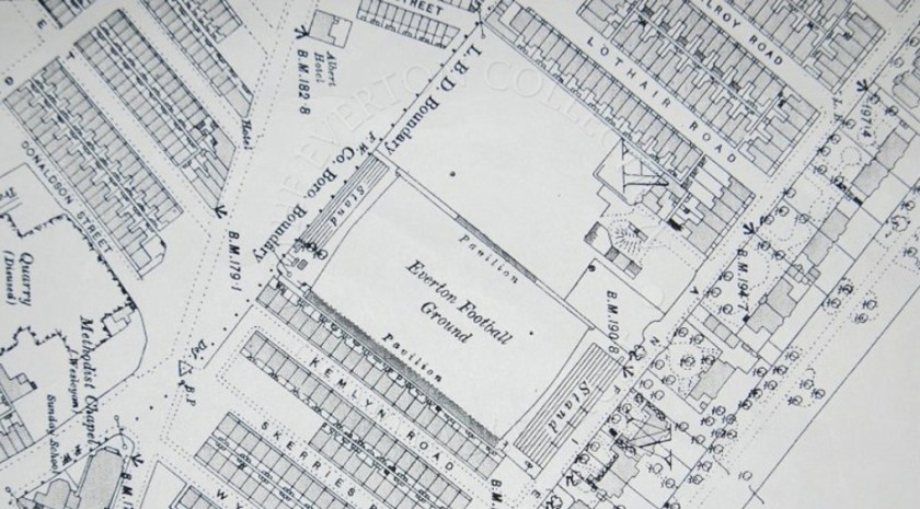 Ordnance Survey Map, 1890 showing Anfield as Everton's ground.
