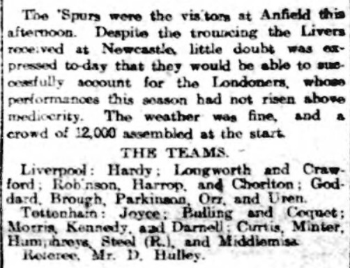 Liverpool v Tottenham Hotspur, Anfield, October 29 - 1910, from Football Express.