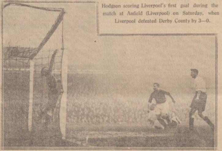 Gordon Hodgson scores against Derby County at Anfield in 1928.