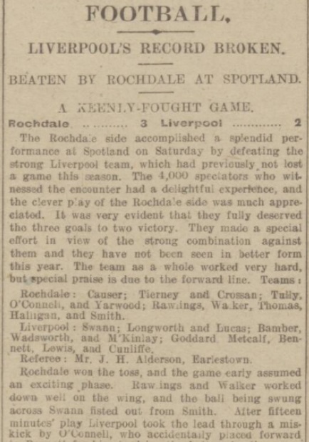 Match report, Rochdale v Liverpool, December 1916