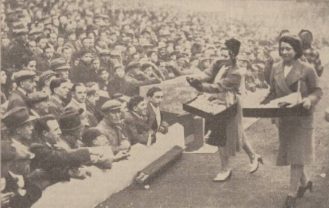 1939 Red Cross international girls collecting cigarettes for troops at Goodison Park